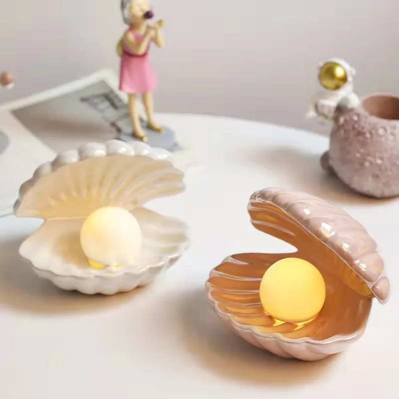 북유럽 모던 쉘 LED 무드등 침실 서재 침대 옆 세라믹 진주 램프 거실 장 데스크탑 장식품 플로어 램프