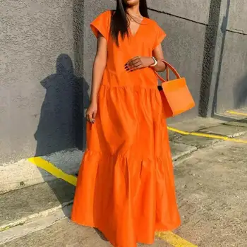 women sundress  Loose V-neck Patchwork Short Sleeves Solid Color Beach Dress Summer Women Dress Elegant Large Hem Maxi Dress 1