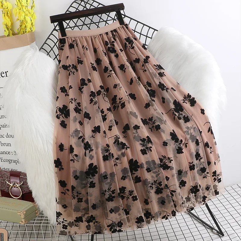 

Mesh Floral Print Long Skirt Women Elastic High Waist Casual Pleated Vintage Mid-calf Tulle Skirts Female Blue Black Faldas