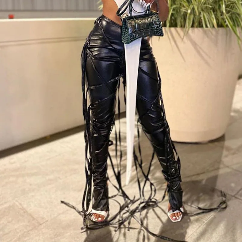 Ribbons Faux Leather Solid Flare Pants Women Fashion Tassel Y2k Aesthetic Lace Up Vintage PU Trousers Punk Bandage Pantalones