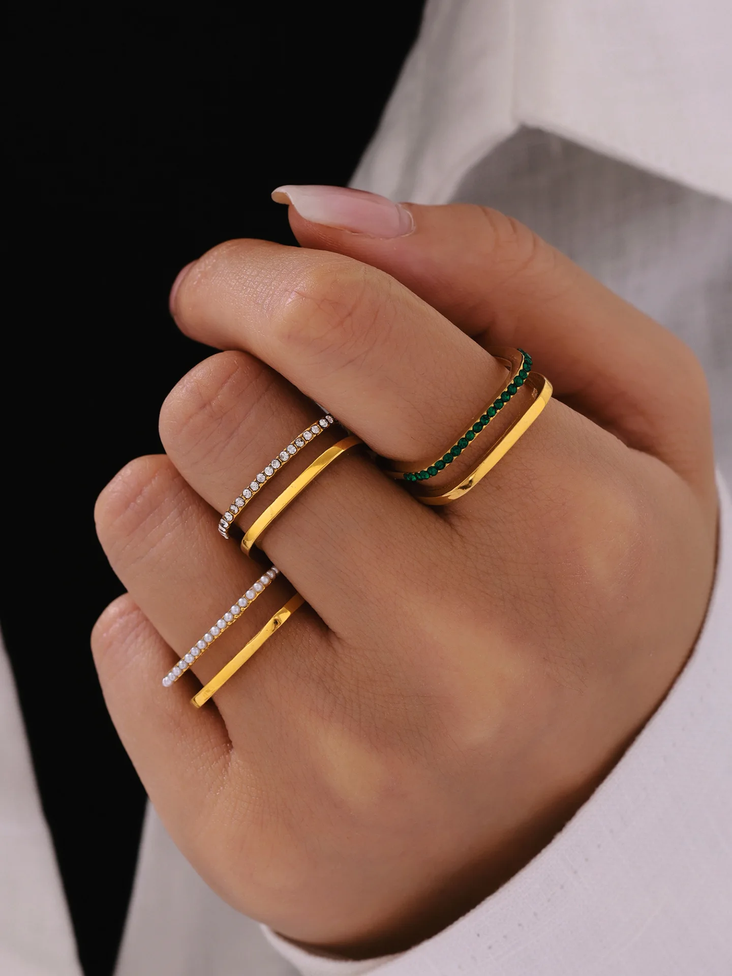 Neuer Grün-Weißer Zirkonia-Ring für Damen, Edelstahl Vergoldet 18k, Muschelperlen Doppelschichtiger Ring, Luxus-Schmuck für Mädchen – Detail 1