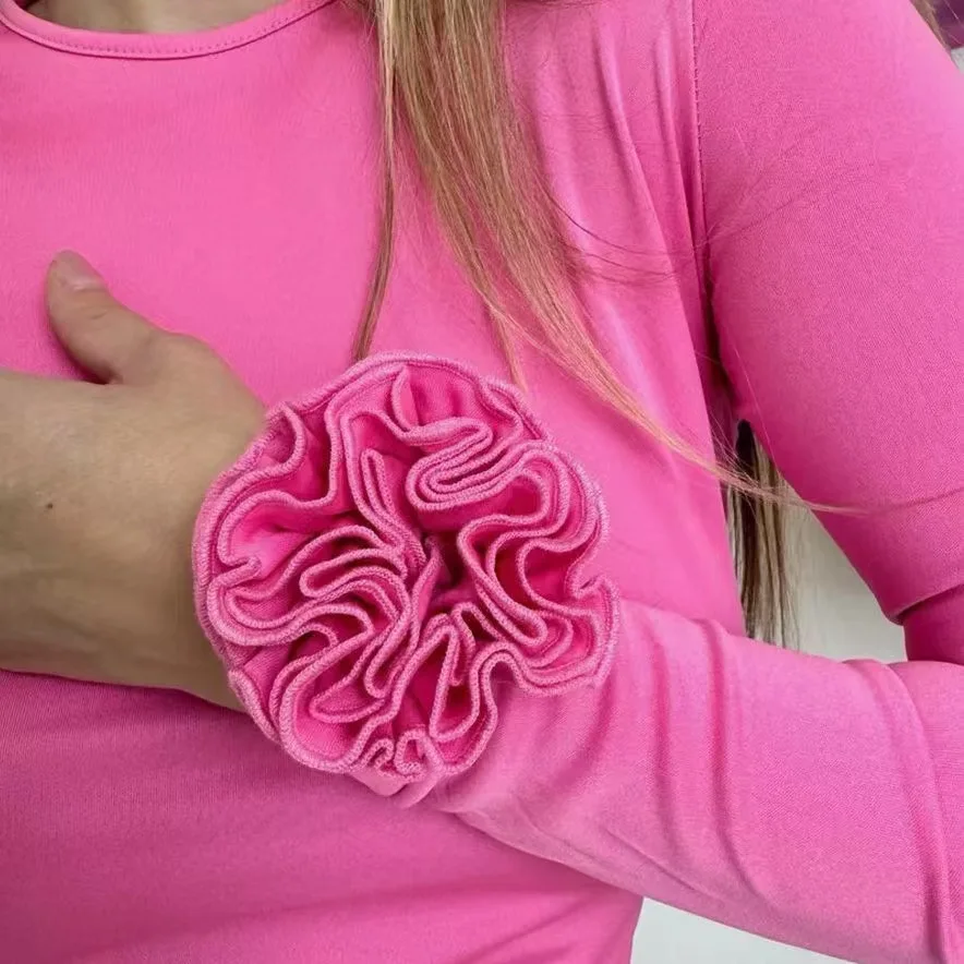 Faionable 3D Flower Long Sve T-irt Women's Slim Fit round Ne Top Commute Sle Pure Color Summer Faion T-irt