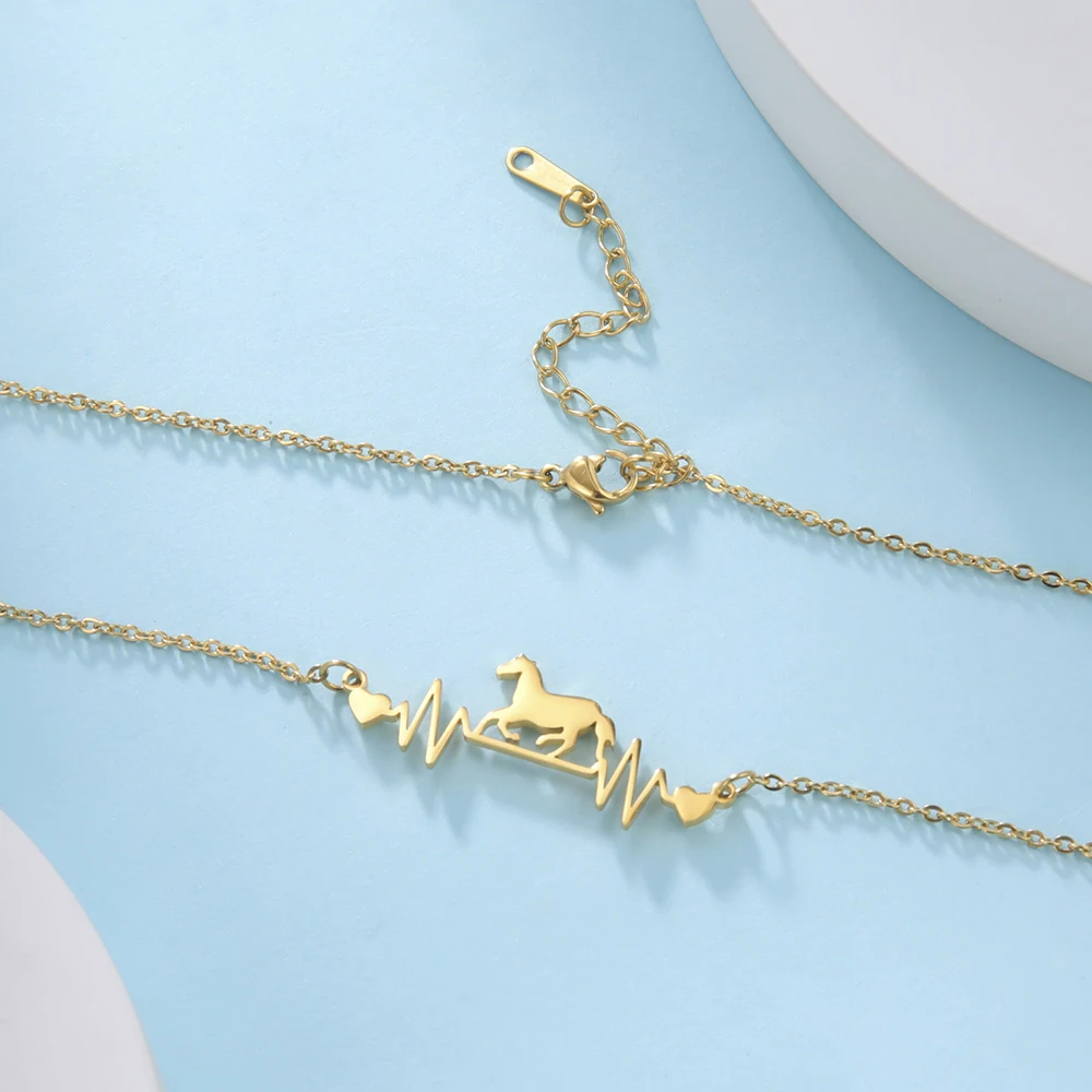 Unift Electrocardiogram Heartbeat Running Horse Necklaces for Women Fashion Animal Stainless Steel Jewelry Cowboy Gift Wholesale