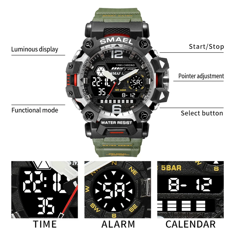 SMAEL Orologio Sportivo Militare Uomo - Quadrante Grande 59 Mm - LED, Sveglia, Doppio Fuso, 50M Impermeabile - Cinturino In Resina Nera