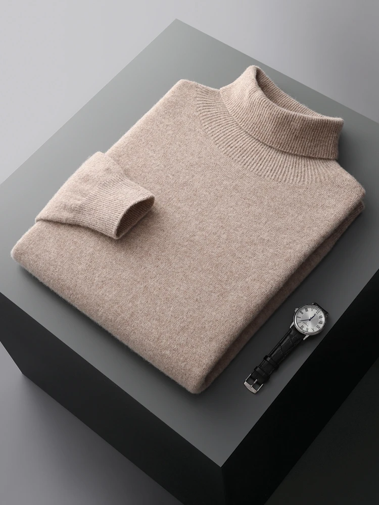 New Men's 100% Merino Wool Turtleneck Pullover Cashmere Sweater Thick Warm Jumpers Quality Soft Casual Smart Knitwear Basic Tops 6