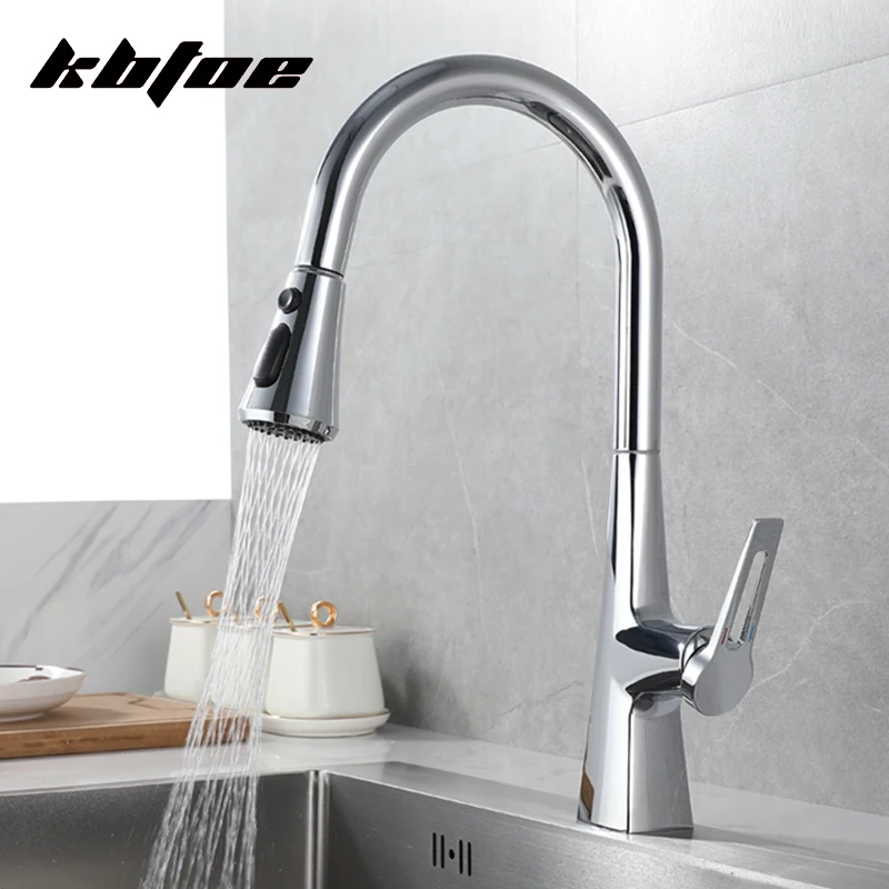 Chrome Kitchen Faucet Pull Out Stream Sprayer Hot Cold Water Sink Taps Brass 3 Modes Single Handle Mixer Wash Deck Mounted Crane