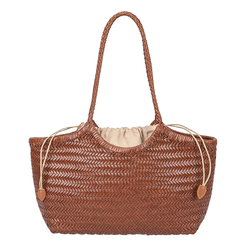 Hand-woven Genuine Leather Woven casual vegetable basket bag with Casual Woven Inside Vintage Shopping Tote Bag big szie