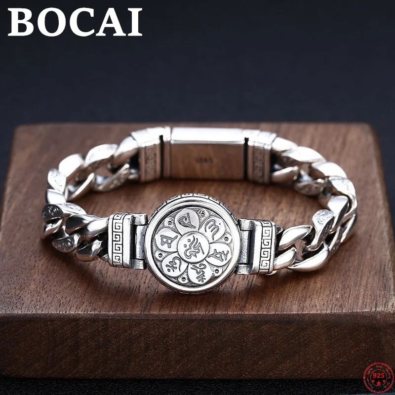 

BOCAI S925 Sterling Silver Bracelets for Women Men New Fashion Six Syllable Mantra Vajra Pestle Flat Chain Free Shipping