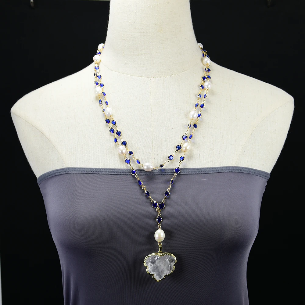 GG-Jewelry-2-Rows-Cultured-White-Rice-Pearl-Blue-Crystal-Rosary-Chain 