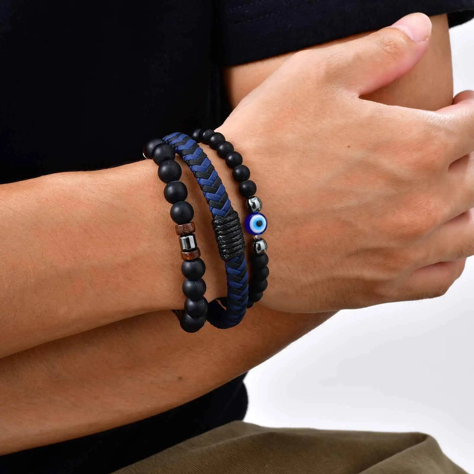 3pcs Devid Eye Beaded Bracelet for Men,Black Color Layers Leather Wristband,Birthday Anniversary Gift