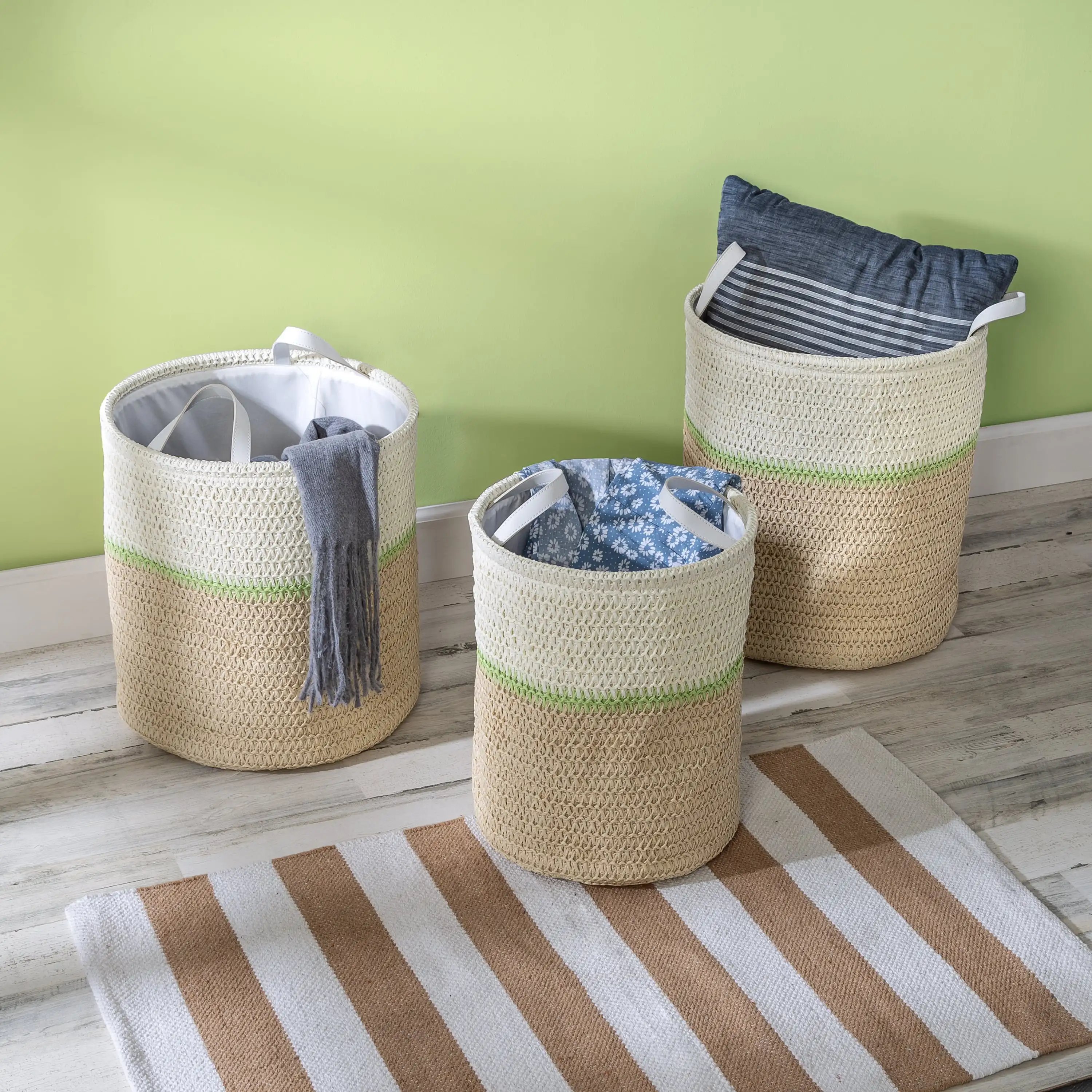 

Honey-Can-Do Paper Straw Set of 3 Nesting Storage Baskets with Handles, Natural/Green