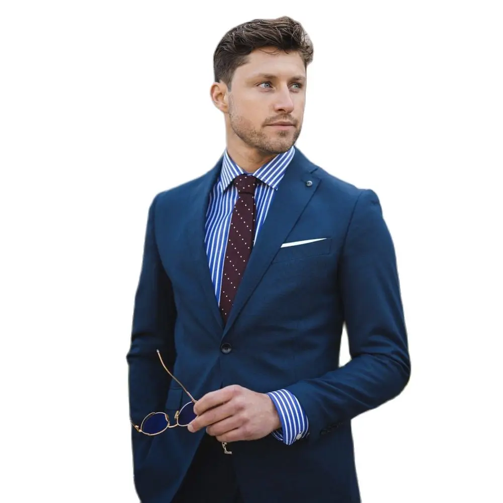 

Blue Men Suits Slim Fit 2 Piece Blazer With Pants Latest Design Notch Collar Classic Fit Formal Male Wedding Wear Tuxedo Dress