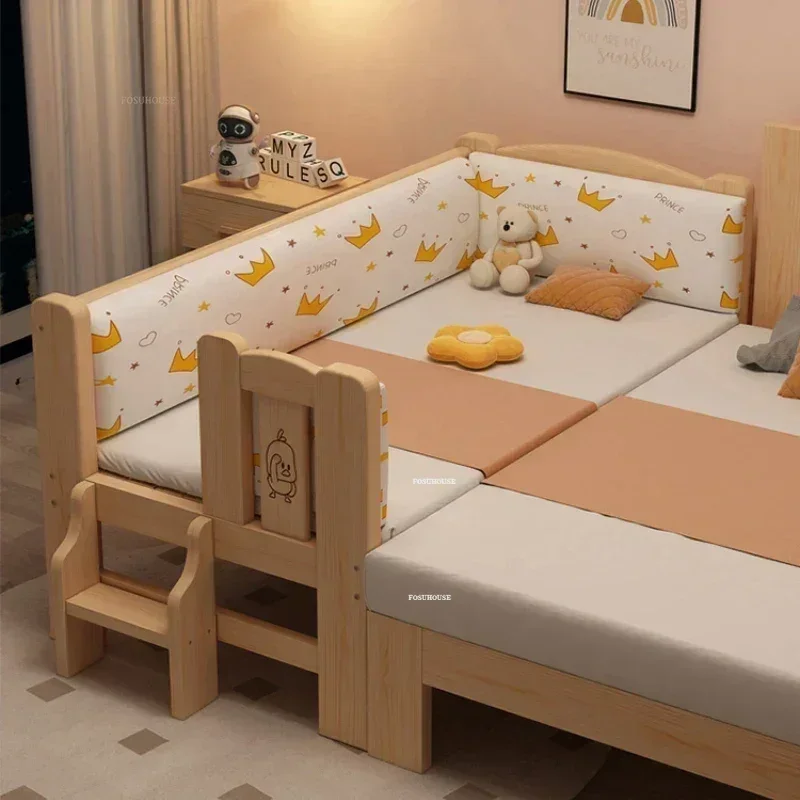 Solid Wood Children's Beds with Guardrail Home Furniture Multifunctional Splicing Beds for Children's Boys and Girls Widened Bed