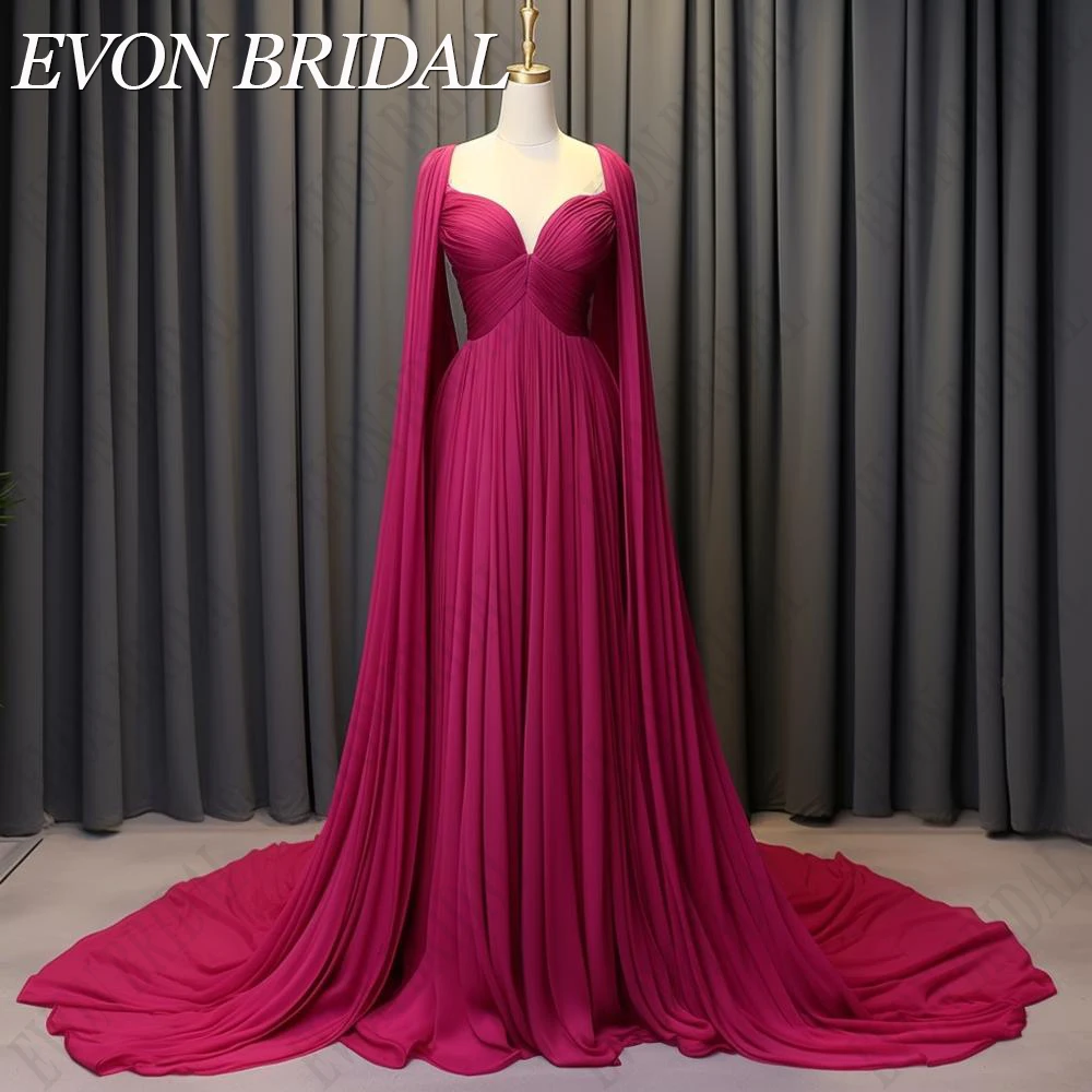 

EVON BRIDAL Saudi Arabia Evening Dresses For Women Fuschia Chiffon فساتين مناسبة رسمية Long Cape Sleeves Formal Gowns Elegant