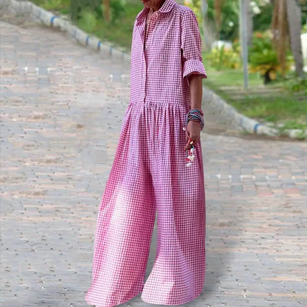 

Soft Jumpsuit Stylish Check Print Women's Jumpsuit with Long Sleeves Wide Legs Casual Loose Fit for A Fashionable Look Elastic