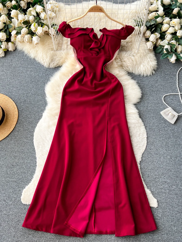 

Vintage Off Shoulder Dress for Women French Wedding Sexy Ruffled Party Night Slim Split Long Red Dress Hot