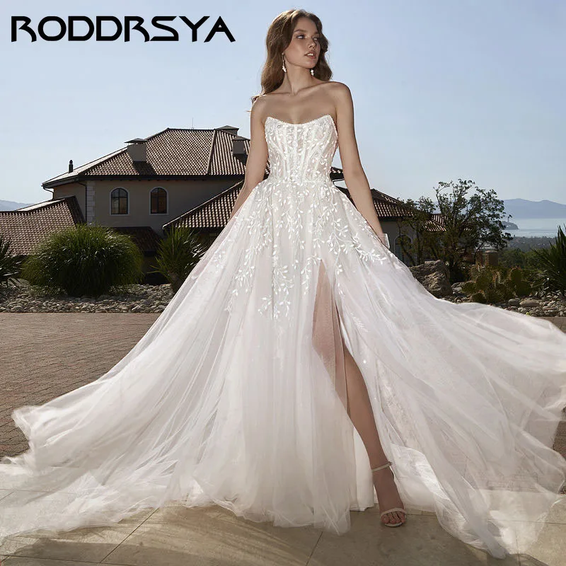 

RODDRSYA Sweetheart Crystal Spaghetti Strap Wedding Dress Elegant Tulle Sleeveless A-Line Bride Party Sexy Backless Trouwjurk