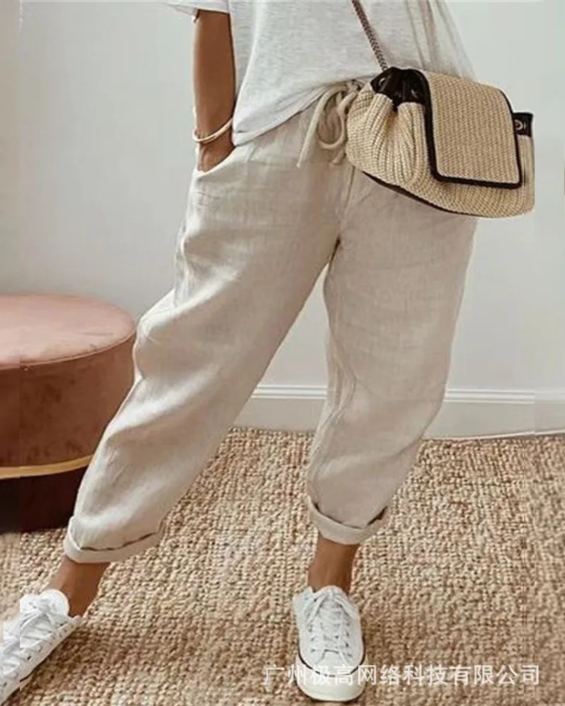 

Drawstring Pocket Design Cuffed Pants Women Fashion Casual Solid Color New Ankle Length Pants Trousers