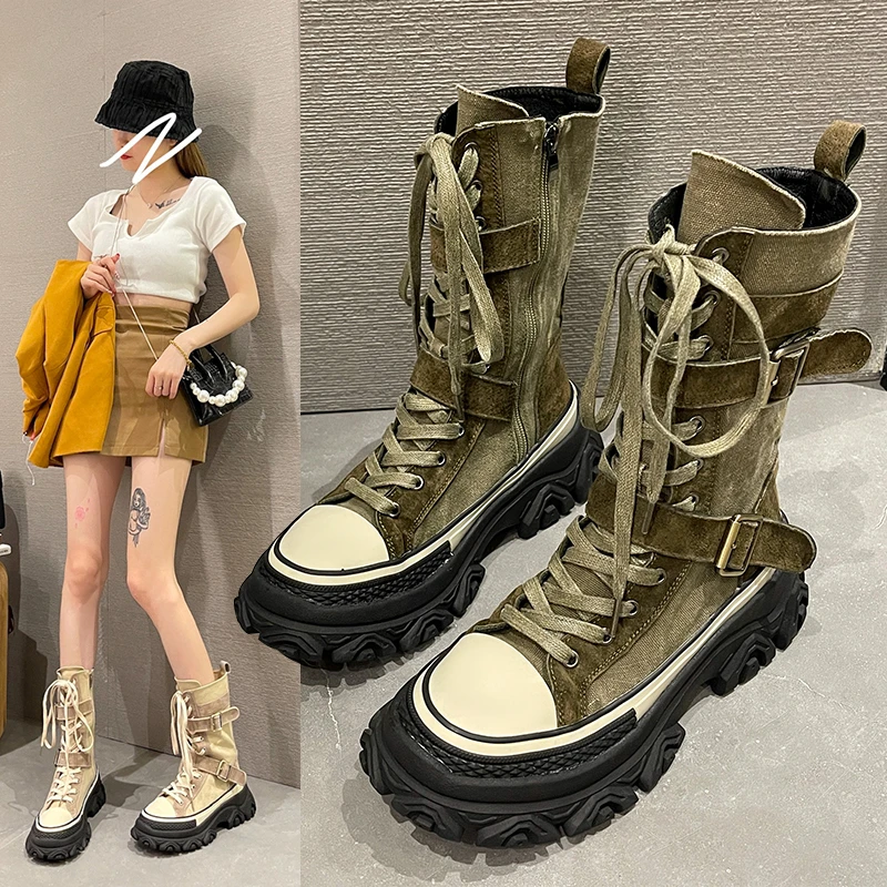 Botas de lona de suela gruesa para mujer, estilo europeo y moderno - True Deals Club