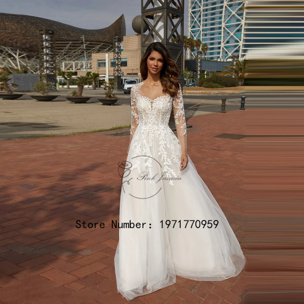 

Luxury Wedding Dress For Bride Long Sleeves Romatic See Through A-Line Scoop Neck Applique Button Tulle Bridal Wedding Gown