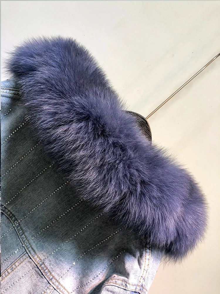 Loose Korean Style Fox Fur Collar Long-Sleeved Denim Jacket for Women 2023 Winter New Fleece-Lined Thickened Wool-Free Parka