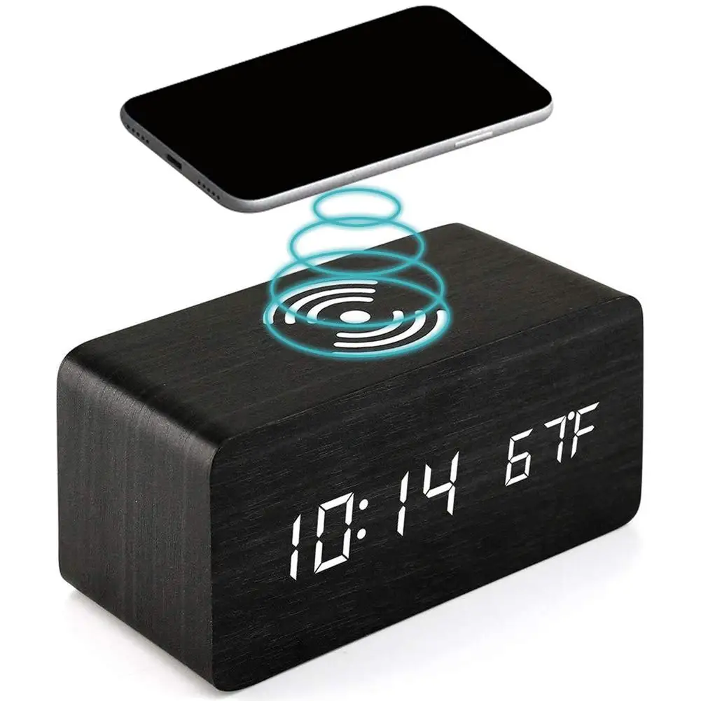 Wooden Digital Alarm Clock 3 Alarms Led Display with Wireless Charging Electronic Alarm Clock
