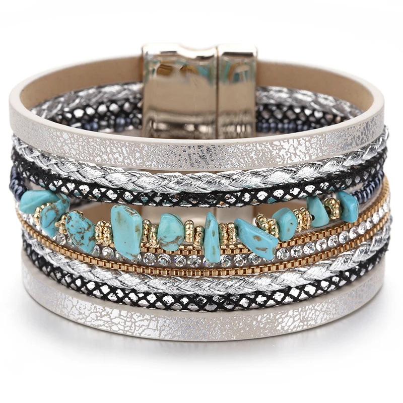 ALLYES Natural Stone Leather Bracelet Women Charm Retro Multilayer Crystal Snake Skin Wide Bracelets & Bangles Jewelry Gifts