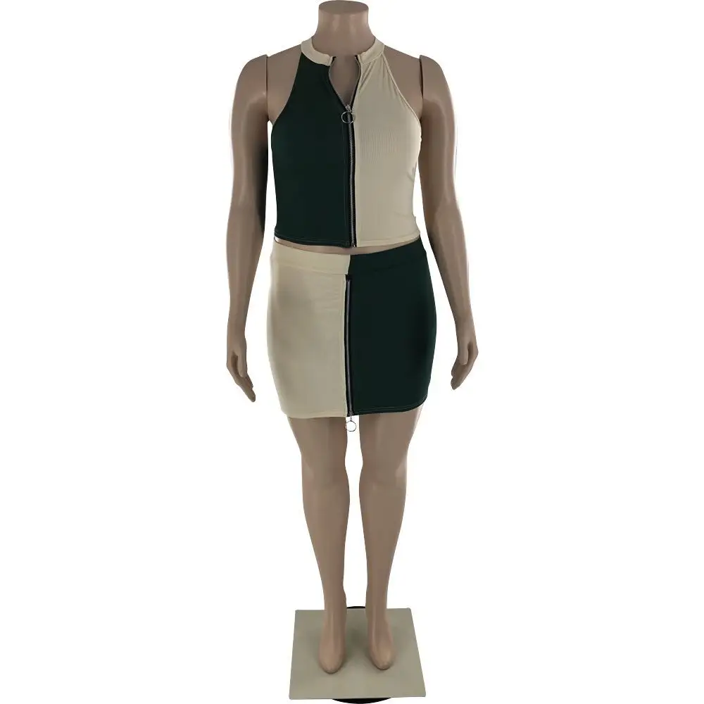 Summer Fashion Refreshing Stitching Zipper Sleeveless Vest Sexy Women'S Leisure Large Size Two-Piece Set Skirt Suit