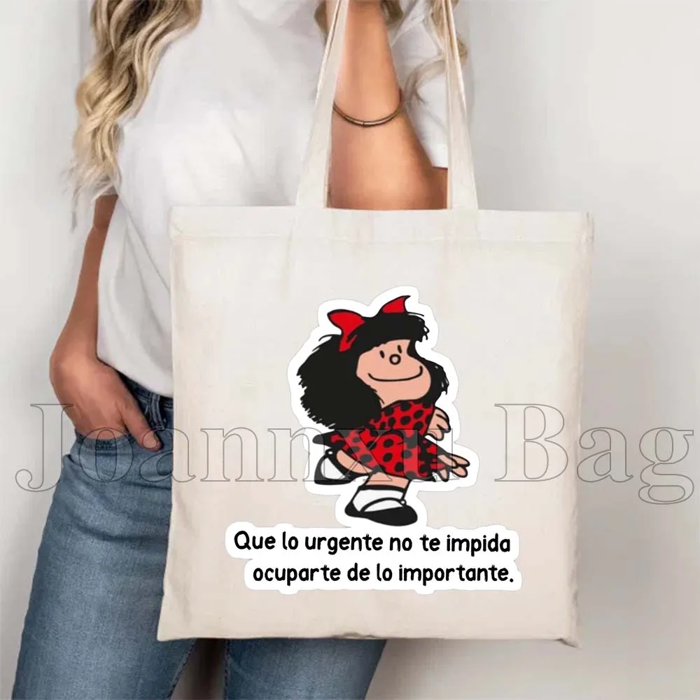 Funny Spanish Quotes Kawaii Cartoon Girl Mafalda Quino Comics Cute Mafalda Comics French Gifts Canvas Totes Bag Casual Handbags