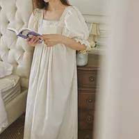 100% Cotton Princess Vintage Long Nightgowns French Embroidery Square Collar Short Sleeves Nightdress Ankle-Length Loose Nightie - Image 2