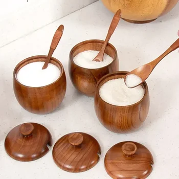 뚜껑과 숟가락 달린 나무 소금 셀러, 설탕 향신료 후추 조미료 상자, 나무 트레이, 주방 식품 보관 용기, 1 개, 2 개, 3 개 상품 이미지