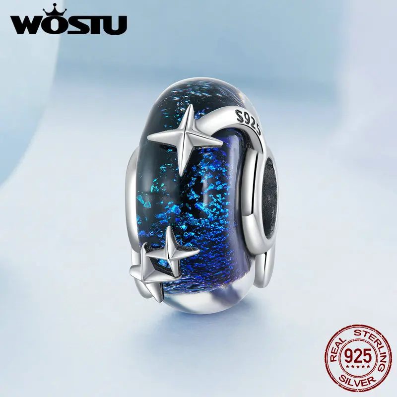 Ciondolo A Scatto BAMOER In Argento 925 Con Smalto Blu E Stellato, Tema Notte Stellata