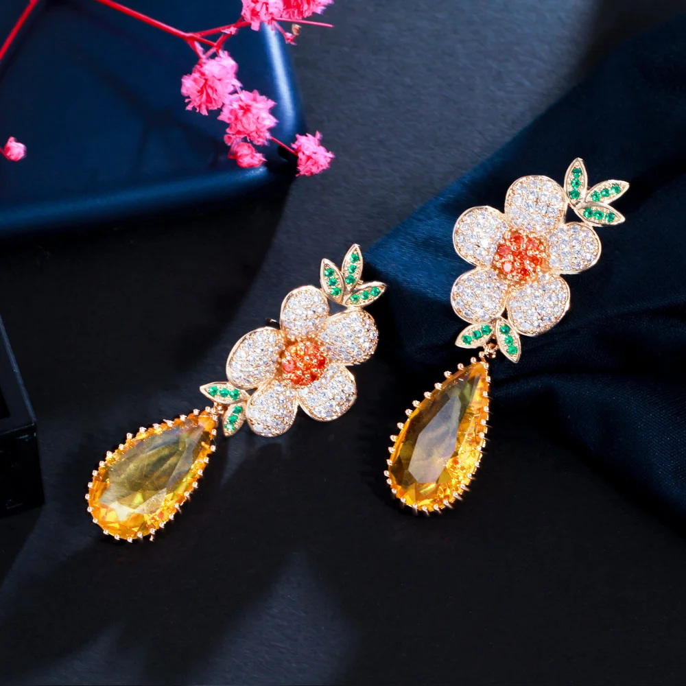 ThreeGraces Exquisite Yellow Cubic Zirconia Stone Flower Shape Long Drop Earrings for Women Luxury Bridal Party Jewelry E1439