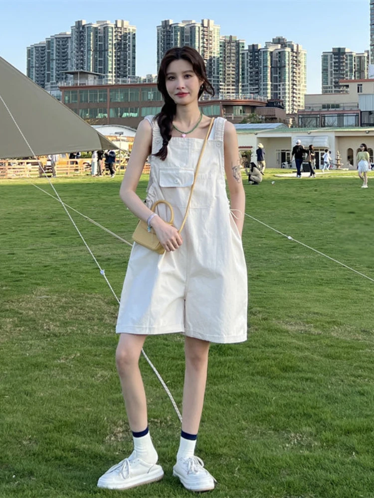 2022 Summer New Baggy Overalls Women Korean Loose High Waist Wide Leg Jumpsuits Fashion One-piece Shorts Female