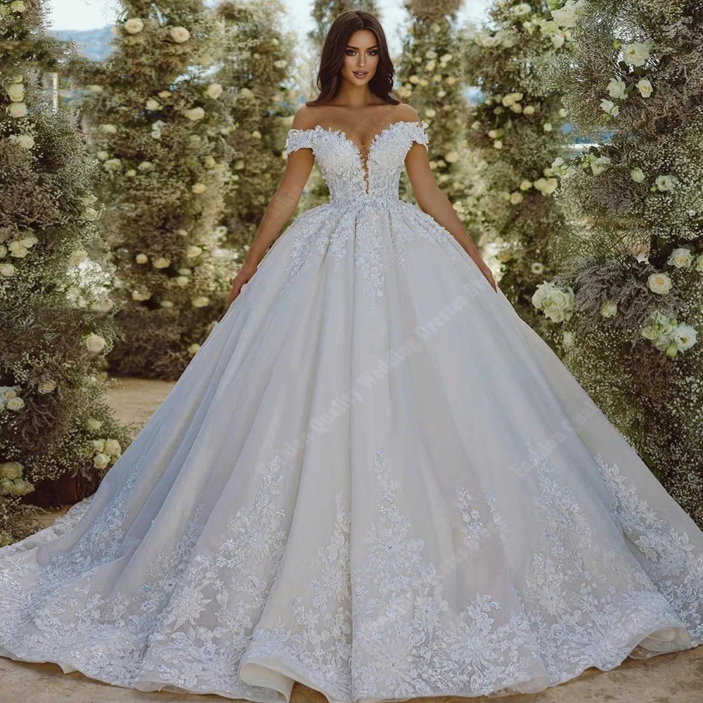 

Pure White Fluffy Hems Women Wedding Dresses V-Neck Shine Decals Bridal Gowns Floor Mopping Formal Party Vestidos De Novias 2024