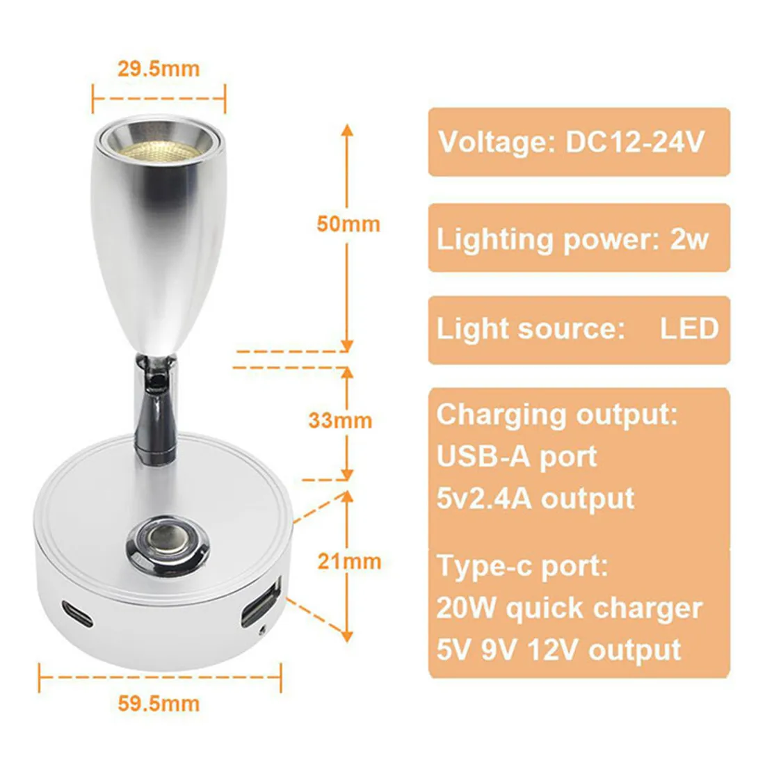 Dual USB Charging Ports 12V LED Reading Light RV Touch Dimmable Reading Lamp 3 Color USB C Charger 24 Volt Swivel Spotlight led light led reading light
