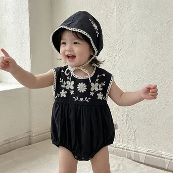 ZOETOPKID Summer Toddler Baby Girls Jumpsuit+Hat Sleeveless Cotton Printing Infant Baby Girls Bodysuits 0-24M Baby Girl Clothing 1