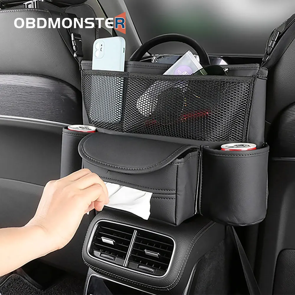 

Car Seat Storage Bag Car Organizer Holder For Handbag Tissue Drink PU Leather Auto Seat Middle Box Auto Interior Accessories