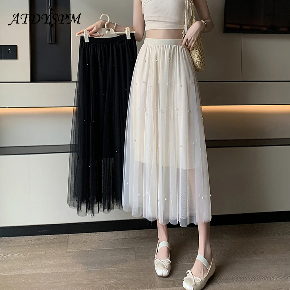

Элегантная женская Тюлевая юбка, корейская мода, сетчатая трапециевидная Женская юбка с бисером и высокой талией, Черная Женская юбка