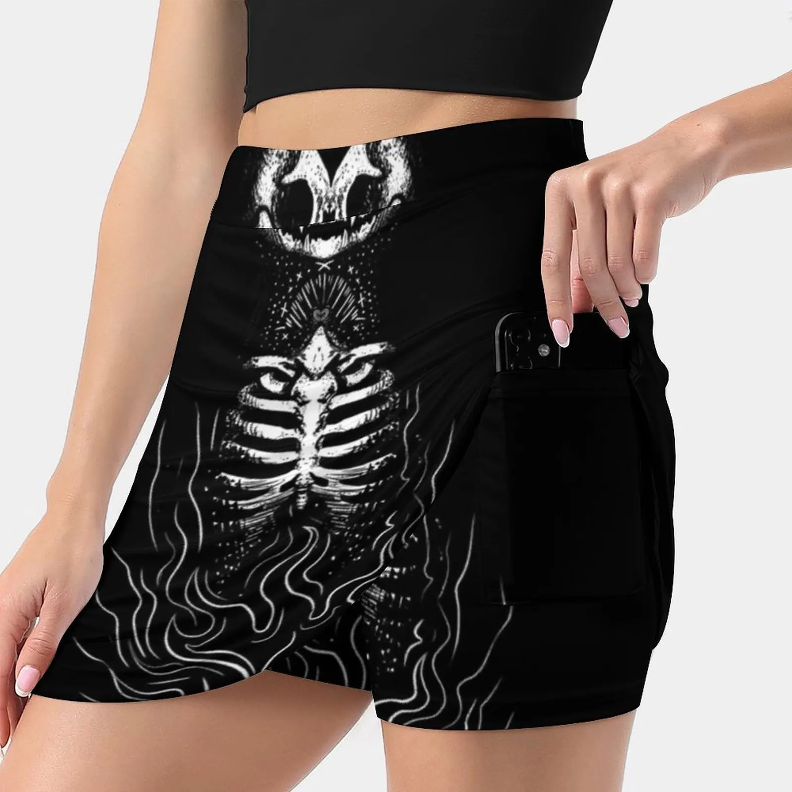 

Gothic Black Cat Women's skirt Mini Skirts A Line Skirt With Hide Pocket Gothic Skull Dagger Rose Cat Skeleton Fire White