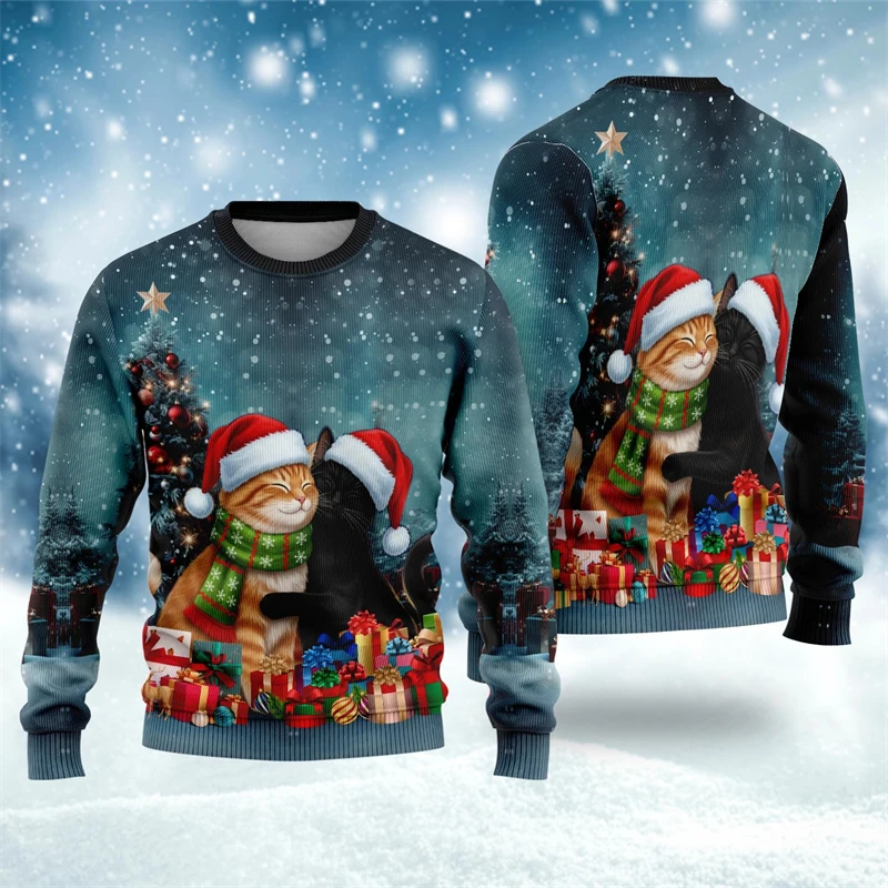 가을 신상 고양이 그래픽 크리스마스 스웨트셔츠 남녀 공용 귀여운 고양이 3D 프린트 어글리 스웨터 캐주얼 오버사이즈 유니섹스 풀오버 탑