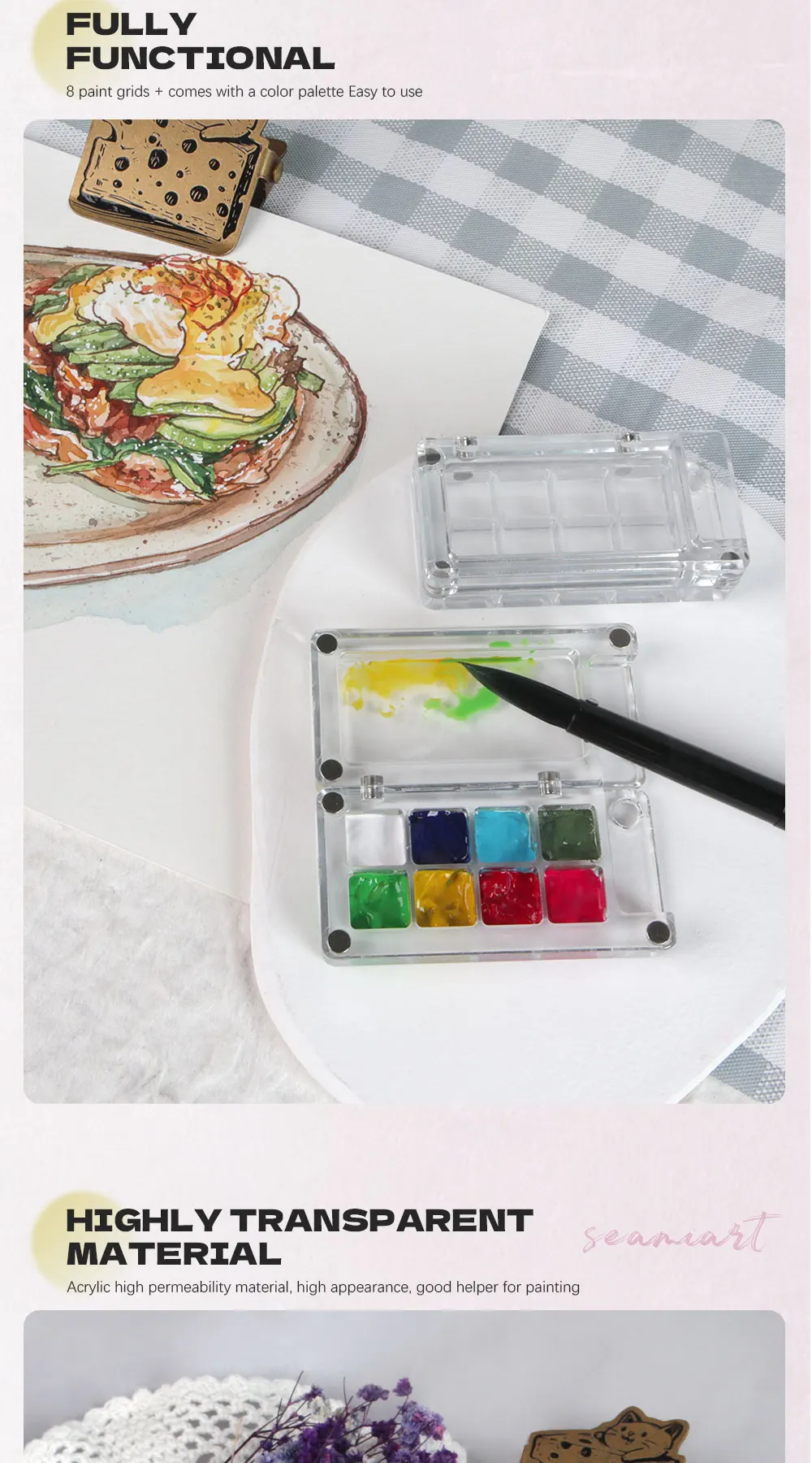 SeamiArt 2 Stück transparente magnetische Mini-Reise-Malschachtel aus Kunststoff für Aquarellfarben, Unterpaket – Detail 3