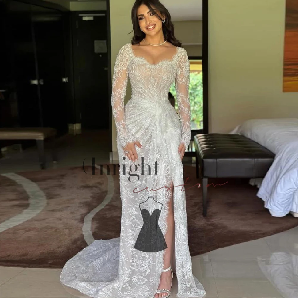Inright Customized White Mermaid Side High Split Formal Evening Lace Embroidery Prom Dress Sequins Long Sleeve vestidos de noche - AliExpress 320 Inright Customized White Mermaid Side High Split Formal Evening Lace Embroidery Prom Dress Sequins Long Sleeve vestidos de noche - AliExpress 320