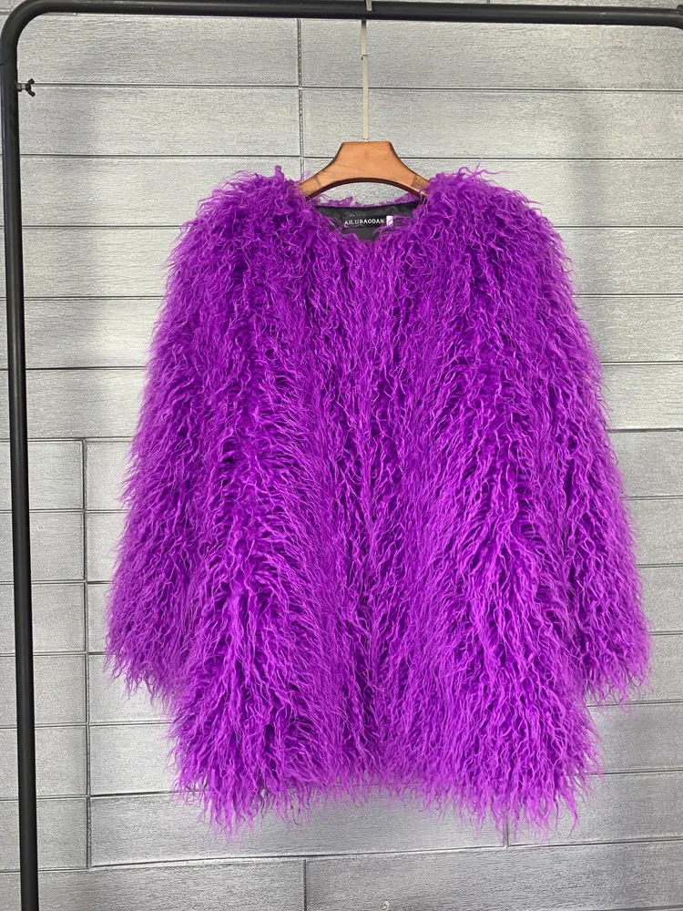ムートン・ファーコート MOLLIOLLI SUNNY bulky crop fur jacket purple MW5WJK12XPP Mongolia Sheep Fur Women Medium Long Coat Jacket Colorful