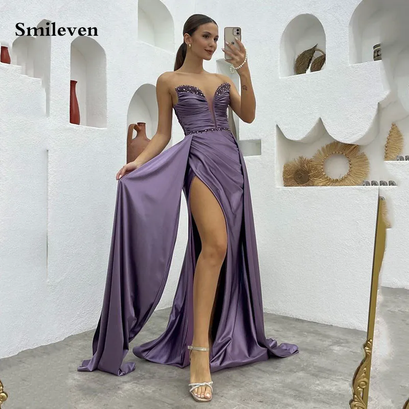 

Smileven Purple Mermaid Evening Dresses Strapless Beading Saudi Arabic Prom Dress Side Split Formal Occasion Dresses