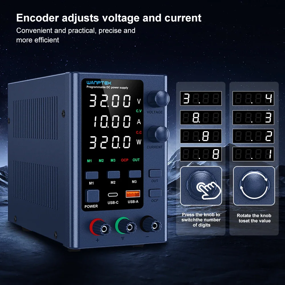Wanptek Einstellbares Labornetzteil 30 V 60 V 120 V mit USB/Typ-C-Schnellladefunktion, voreingestelltes Gleichstrom-Gleichstromnetzteil – Detail 16