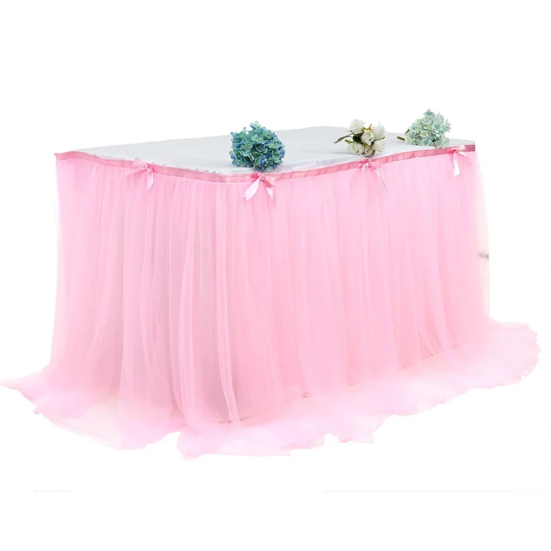 Table Skirt Wedding Party Pink White Tutu Tulle Tableware Cloth Home Birthday Table Skirt Baby Shower Party Supplies Decor