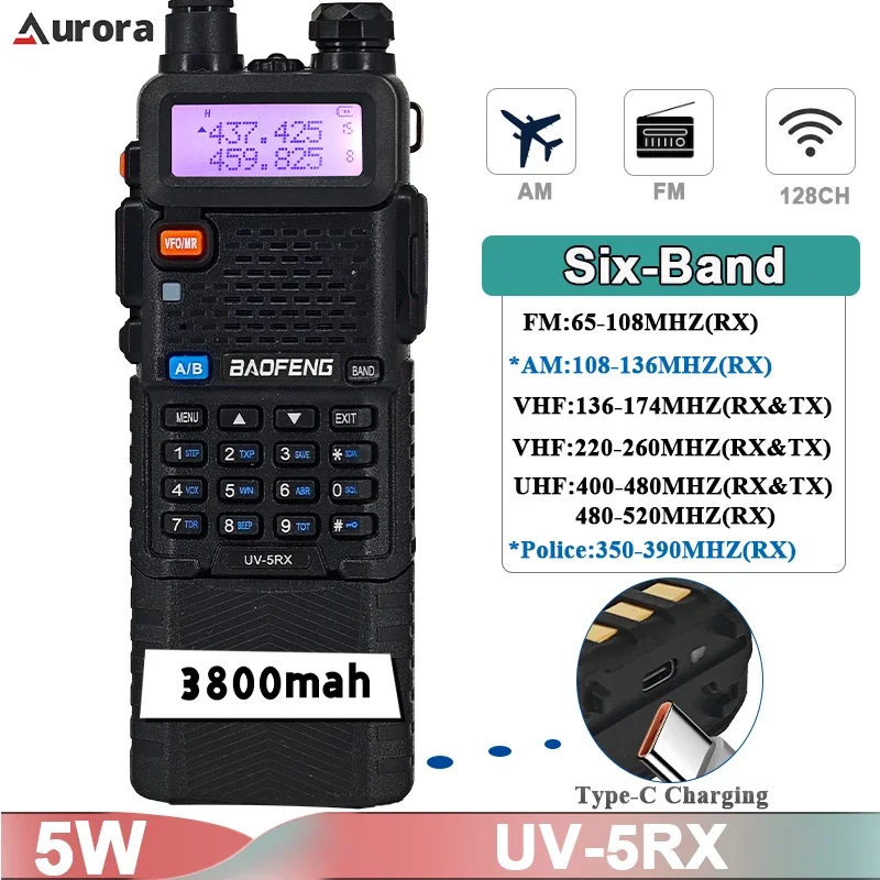 

Портативная рация Baofeng UV-5RX, шесть диапазонов, 3800 мАч, Type-C, батарея для зарядки, AM, FM, радио, беспроводная частота копирования UV5R, обновленная версия