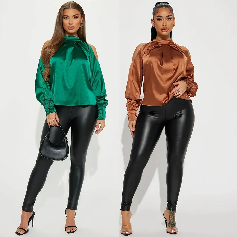 

Женская атласная рубашка, осенне-зимний темпераментный ажурный топ с длинным рукавом для женщин