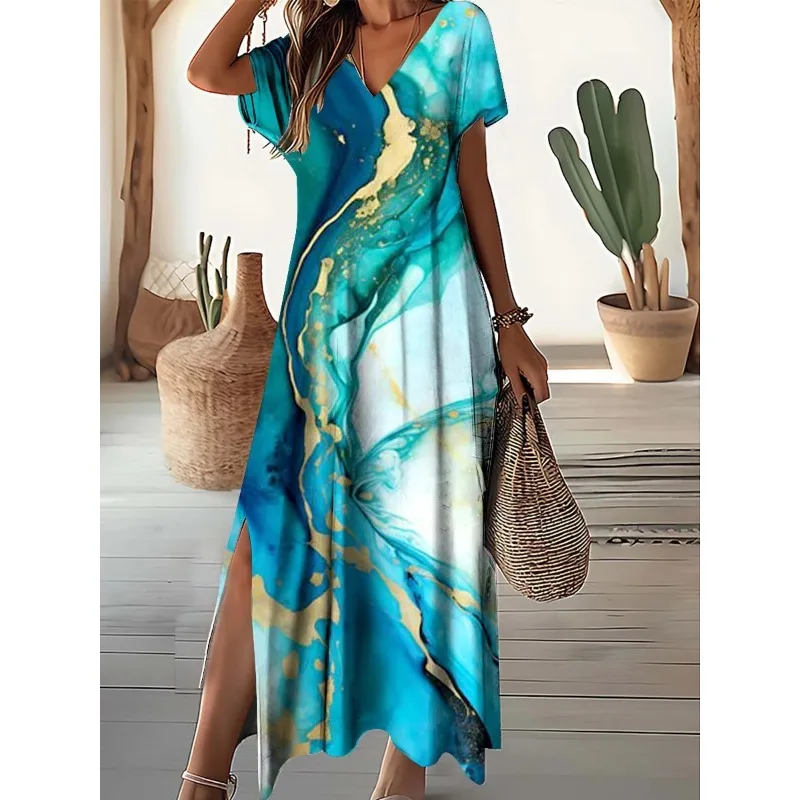 

Women's Color Art Inkjet Seaside Resort V-neck Dress Sexy Short Sleeve Hem Split Long Dresses Summer Casual Maxi Dress Plus Size